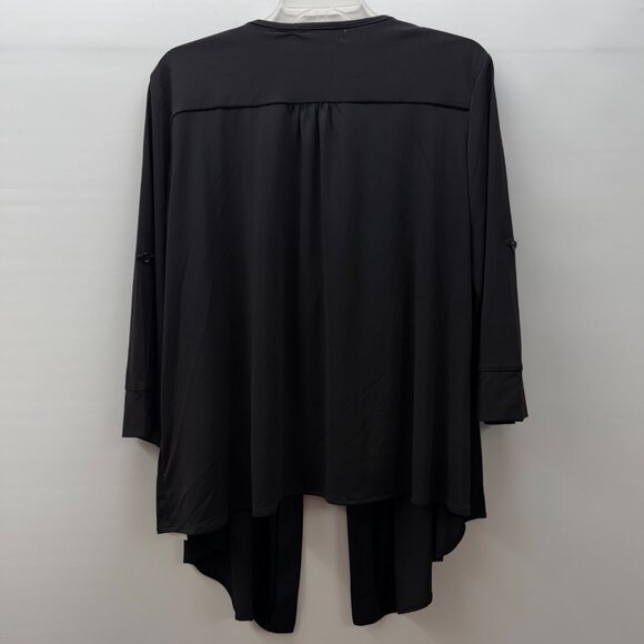 Textile Elizabeth James Size L Pleated Open-Front Tie Neck Cardigan Top Black - Picture 7 of 8
